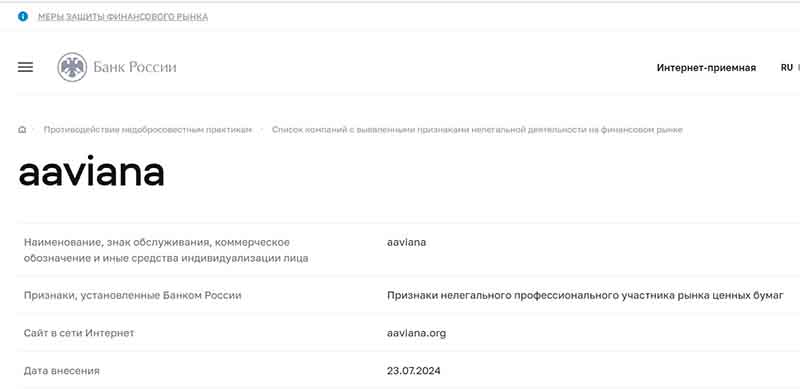 Aaviana — это не брокер, а жулик с фейковыми данными